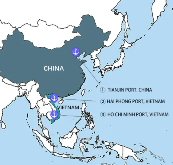 Map showing main Chinese ports and major Vietnamese ports
