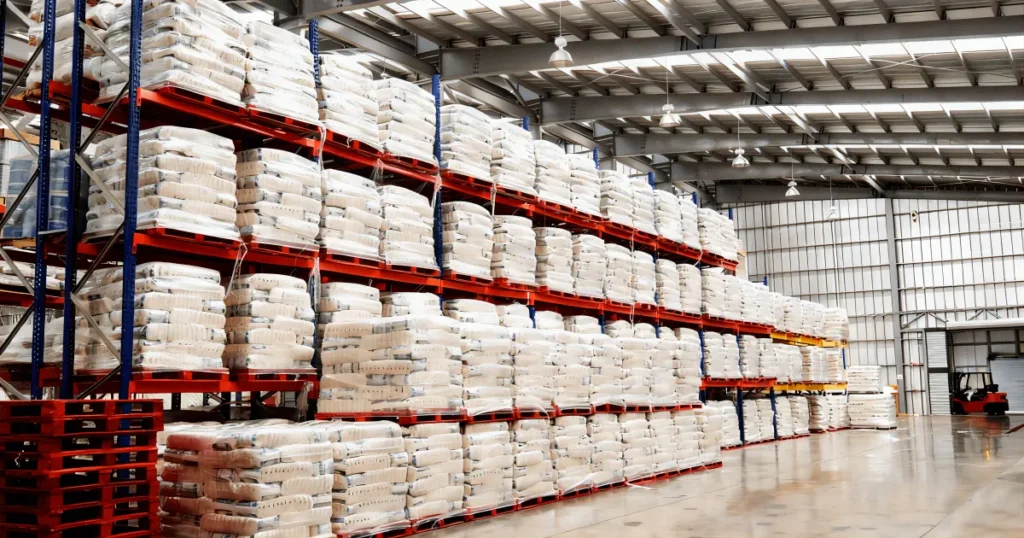 PP woven bags stacked on pallets in warehouse storage area